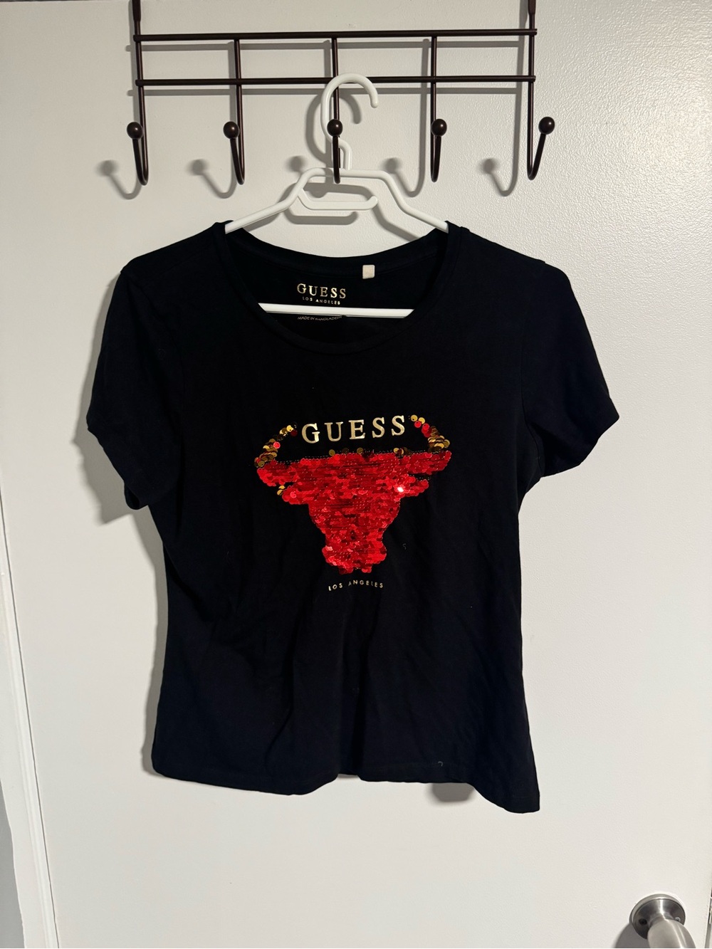 GUESS Black Short-Sleeve Tee with Red Sequin Bull Motif